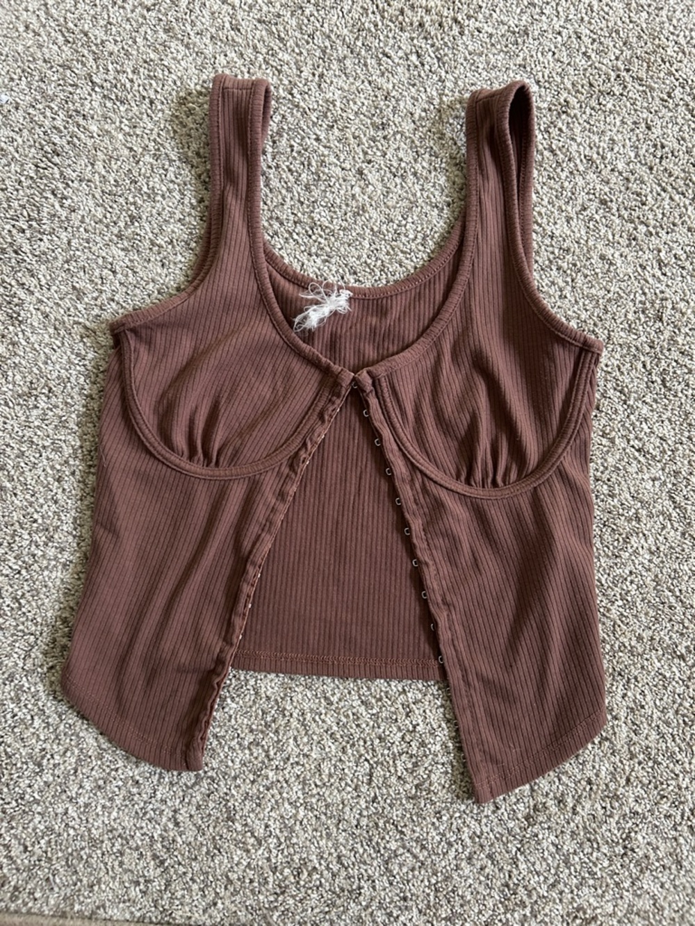 Ribbed Brown Scoop Neck Hook-and-Eye Tank Top